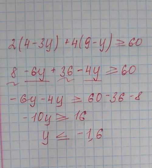 Реши неравенство 2(4−3y)+4(9−y)≥60 .