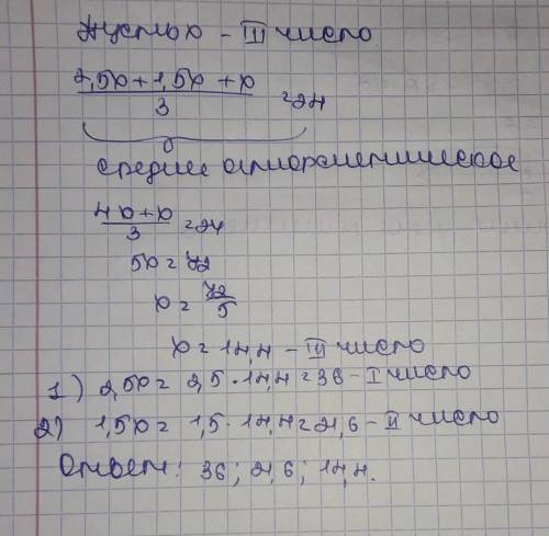 Среднее арифметическое трёх чисел — 12. Найди эти числа, если первое число в 2,5 раза больше третьег