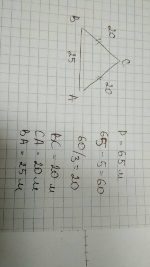 Дано: ΔCBA,AC=BC. Основание треугольника на 5 м больше боковой стороны. Периметр треугольника CBA ра