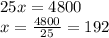 25x=4800\\x=\frac{4800}{25}=192\\