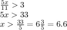 \frac{5x}{11} 3 \\ 5x 33 \\ x \frac{33}{5} = 6 \frac{3}{5} = 6.6