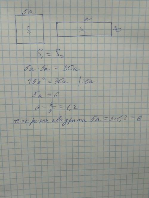 Площадь квадрата равна площади прямоугольника, одна сторона которого в 5 раз меньше стороны квадрата