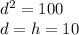 d^{2} =100\\d=h=10