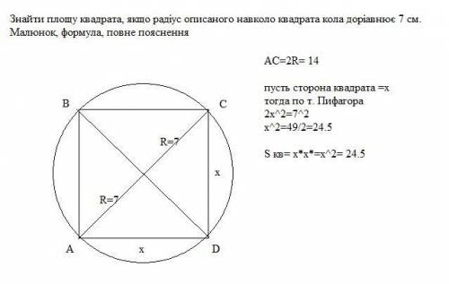 Задача: Знайти площу квадрата, якщо радіус описаного навколо квадрата кола доріавнює 7 см. Малюнок,