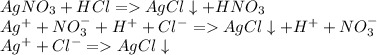 AgNO_3+HCl=AgCl\downarrow+HNO_3\\Ag^++NO_3^-+H^++Cl^-=AgCl\downarrow+H^++NO_3^-\\Ag^++Cl^-=AgCl\downarrow