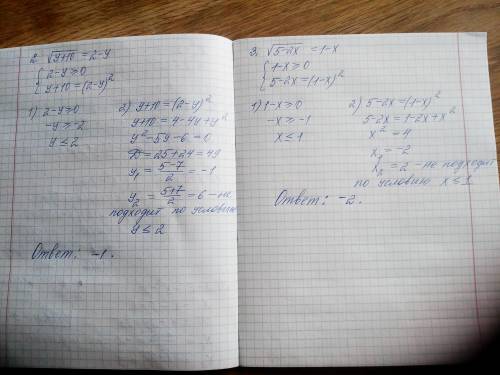 решением 1. √(x-2)-√(x^2-8)=02. √(y+10)=2-y3. √ (5-2x)=1-xРешение нужно полностью​