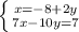 \left \{ {{x= - 8+2y} \atop {7x-10y=7}} \right.