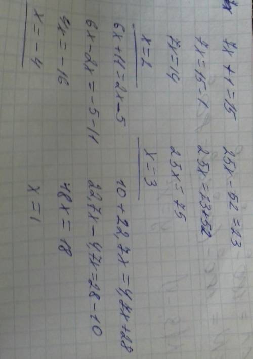 Решите уравнения. 1) 7x + 1 = 15 2) 25x - 52 =23 3) 6x +11 = 2x - 5 4) 10 +22,7x = 4,7x +28 5) 8,2 -