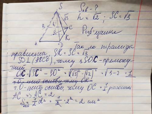 Знайдіть площу основи правильної чотирикутної піраміди, висота якої становить корінь з 2, якщо її бі