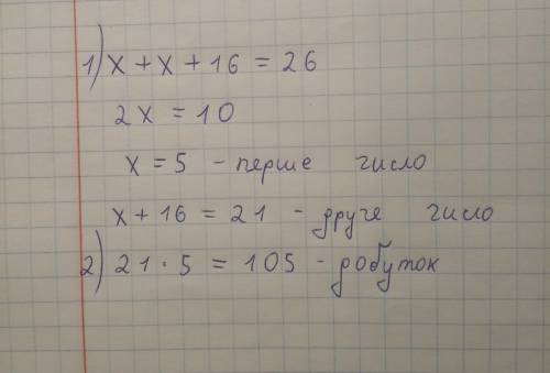 Знайдіть два числа, якщо їх сума дорівнює 26, і одне більше від іншого на 16. Вкажіть, чому дорівнює