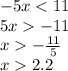 - 5x < 11 \\ 5x - 11 \\ x - \frac{11}{5} \\ x 2.2