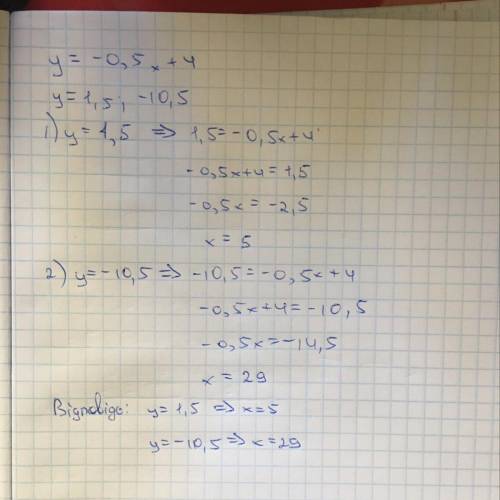 При каком значении х значение зависимой переменнойу = -0,5х + 4 равно 1,5; -10,5?​