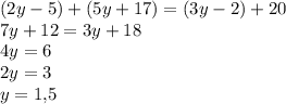 (2y-5)+(5y+17)=(3y-2)+20\\7y+12=3y+18\\4y=6\\2y=3\\y=1{,}5