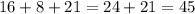 16+8+21=24+21=45