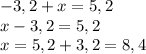 -3,2+x=5,2\\x-3,2=5,2\\x=5,2+3,2=8,4