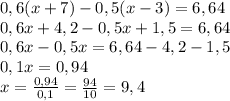 0,6(x+7)-0,5(x-3)= 6,64\\0,6x+4,2-0,5x+1,5=6,64\\0,6x-0,5x=6,64-4,2-1,5\\0,1x=0,94\\x=\frac{0,94}{0,1}=\frac{94}{10}=9,4