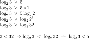 \log_23 \ \vee \ 5 \\ \log_23 \ \vee \ 5*1 \\ \log_23 \ \vee \ 5\log_22 \\ \log_23 \ \vee \ \log_22^5 \\ \log_23 \ \vee \ \log_232 \\ \\ 3