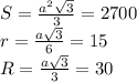 S=\frac{a^2\sqrt{3} }{3} =2700\\r=\frac{a\sqrt{3} }{6}=15\\ R=\frac{a\sqrt{3} }{3}=30