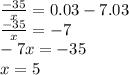 \frac{ - 35}{x } = 0.03 - 7.03 \\ \frac{ - 35}{x} = - 7 \\ - 7x = - 35 \\ x = 5