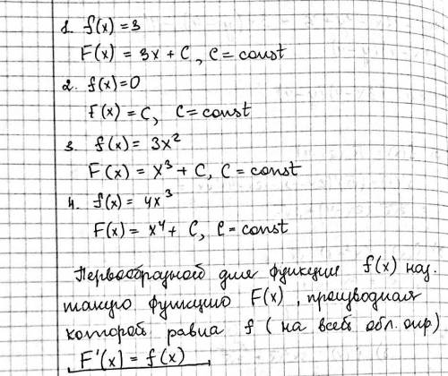 Знайдіть загальний вигляд первісної для функції: f(x)=3 f(x)=0 f(x)=3x² f(x)=4x³