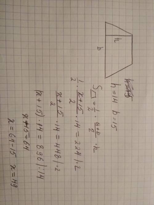 Площадь трапеции, изображённой на рисунке, равна 224, основание b=15, высота h=14. Найди второе осно