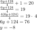 \frac{6y+124}{4}+1=20\\\frac{6y+124}{4}=19\\\frac{4\left(6y+124\right)}{4}=19\cdot \:4\\6y+124=76\\y=-8