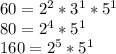 60=2^{2}*3^{1}*5^{1}\\80=2^{4}*5^{1}\\160=2^{5}*5^{1}\\