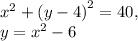 {x}^{2} + {(y - 4)}^{2} = 40, \\ y = {x}^{2} - 6