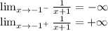 \lim_{x \rightarrow - 1^{ - } } \frac{1}{x + 1} = - \infty \\ \lim_{x \rightarrow - 1^{ + } } \frac{1}{x + 1} = + \infty