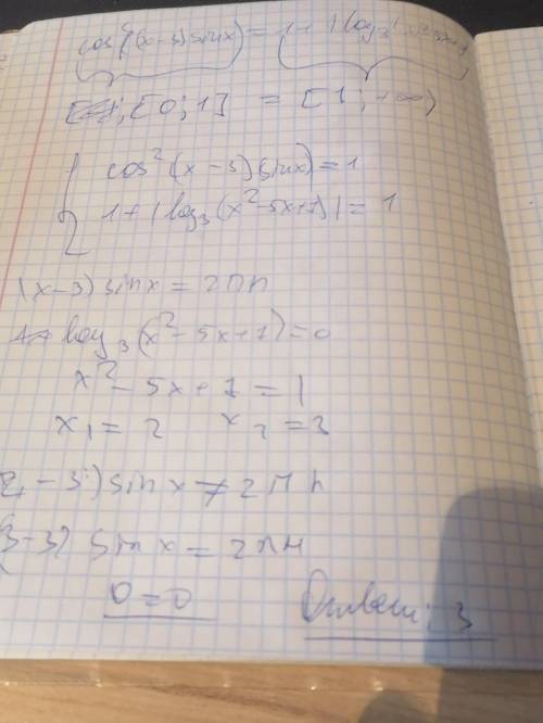 Cos^2((x-3)*sinx)=1+|log3(x^2-5x+7)| решите это уравнение.