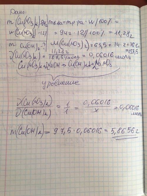 У 94 г раствора нитрата меди (2) с массовой долей 12% добавили избыток раствора гидроксида натрия. В