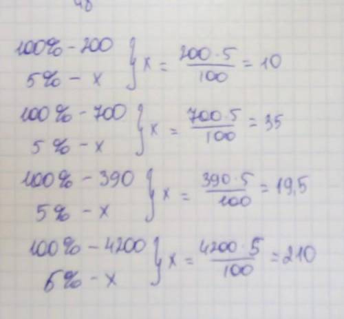 Знайдіть 5%від 200;700;390;4200