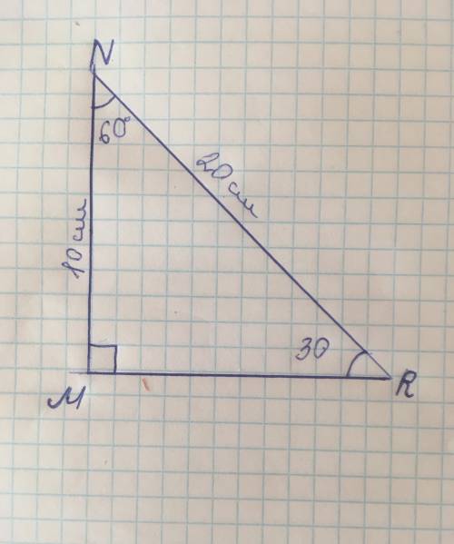 В прямоугольном треугольнике MNR гипотенуза NR равна 20 см, а катет MN 10 см. Найти угол MNR.