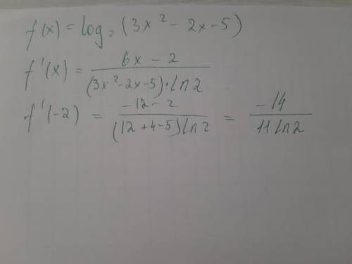 Вычислите f'(-2)если f(x)=log2(3x^2-2x-5),