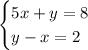 \begin{cases}5x+y=8 \\ y-x=2 \end{cases}