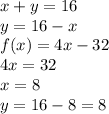 x + y = 16 \\ y = 16 - x \\ f(x) = 4x - 32 \\ 4x = 32 \\ x = 8 \\ y = 16 - 8 = 8