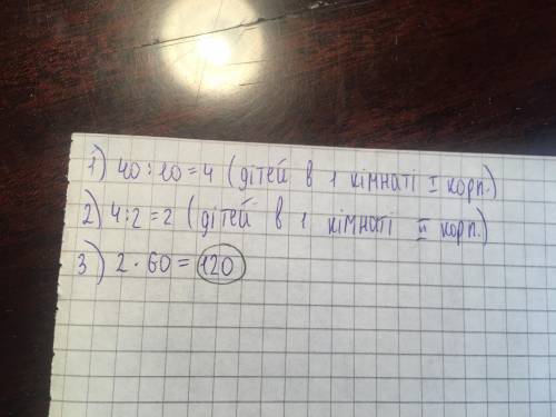 В першому корпусі літнього табору в 10 однакових кімнатах мешкають 40 дітей.У другому корпусі в одні