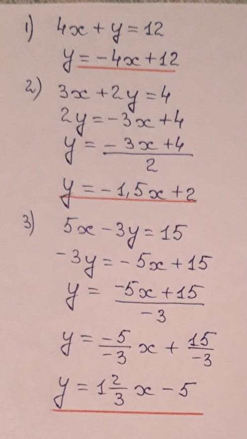 Выразите из данного уравнения переменную y через x. 4x+y=12 3x+2y=4 5x-3y=15​