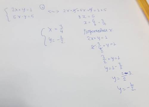 Реши систему уравнений алгебраического сложения. 2x+y=1 6x−y=5