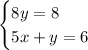 \begin {cases} 8y=8 \\ 5x+y=6 \end {cases}