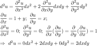 d^2u=\dfrac{\partial^2 u}{\partial x^2}dx^2+2\dfrac{\partial^2 u}{\partial x \partial y}dxdy+\dfrac{\partial^2 u}{\partial y^2}dy^2\\ \dfrac{\partial u}{\partial x}=1+y;\ \dfrac{\partial u}{\partial y}=x;\\ \dfrac{\partial^2 u}{\partial x^2}=0;\ \dfrac{\partial^2 u}{\partial y^2}=0;\ \dfrac{\partial}{\partial x}(\dfrac{\partial u}{\partial y})=\dfrac{\partial}{\partial y}(\dfrac{\partial u}{\partial x})=1\\ \\ \Rightarrow\ d^2u = 0dx^2+2dxdy+0dy^2=2dxdy