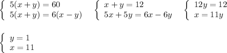 \left\{\begin{array}{l}5(x+y)=60\\5(x+y)=6(x-y)\end{array}\right\; \; \left\{\begin{array}{l}x+y=12\\5x+5y=6x-6y\end{array}\right\; \; \left\{\begin{array}{l}12y=12\\x=11y\end{array}\right\\\\\\\left\{\begin{array}{l}y=1\\x=11\end{array}\right