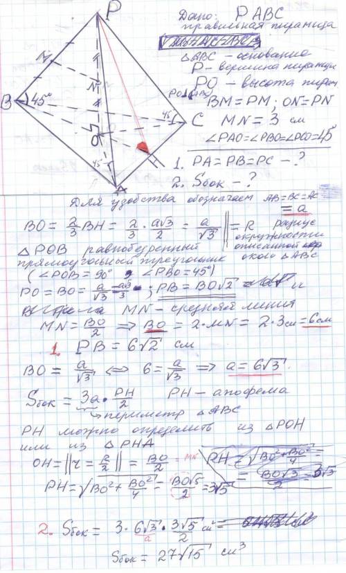 Боковое ребро правильной треугольной пирамиды образует с плоскостью основания угол 45о . Отрезок, со