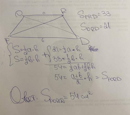 В трапеции FORD с основаниями FD и OR площади треугольников FRD и ORD равны соответственно 33 см2 и