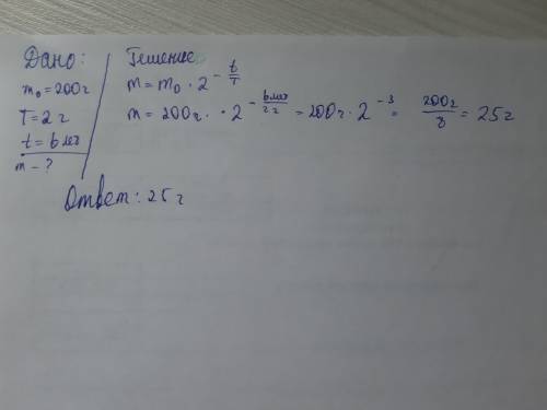 Сколько по массе радиоактивного вещества останется по истечении 6 лет, если вначале его было 200 гра