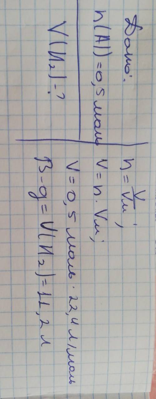 Який об’єм водню (н.у.)виділяється при взаємодії алюмінію кількістю речовини 0,5 моль із необхідною