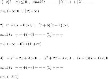 1)\; \; x(2-x)\leq 0\; \; ,\; \; znaki:\; \; ---[\, 0\, ]+++[\, 2\, ]---\\\\x\in (-\infty ;0\, ]\cup [\, 2 ;+\infty )\\\\\\2)\; \; x^2+5x-60\; \; ,\; \; (x+6)(x-1)0\\\\znaki:\; \; +++(-6)---(1)+++\\\\x\in (-\infty ;-6)\cup (1;+\infty )\\\\\\3)\; \; -x^2-2x+30\; \; ,\; \; \; x^2+2x-3