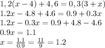 1,2(x-4) +4, 6=0, 3(3+x)\\1.2x-4.8+4.6=0.9+0.3x\\1.2x-0.3x=0.9+4.8-4.6\\0.9x=1.1\\x=\frac{1.1}{0.9} =\frac{11}{9} =1.2