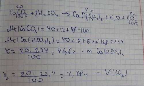На кальций карбонат массой 20 г подействовали избытком сульфатной кислоты. Какая масса соли и объем