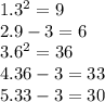 1. 3^2 = 9\\2. 9-3 = 6\\3. 6^2 = 36\\4. 36 - 3 = 33\\5. 33-3 = 30